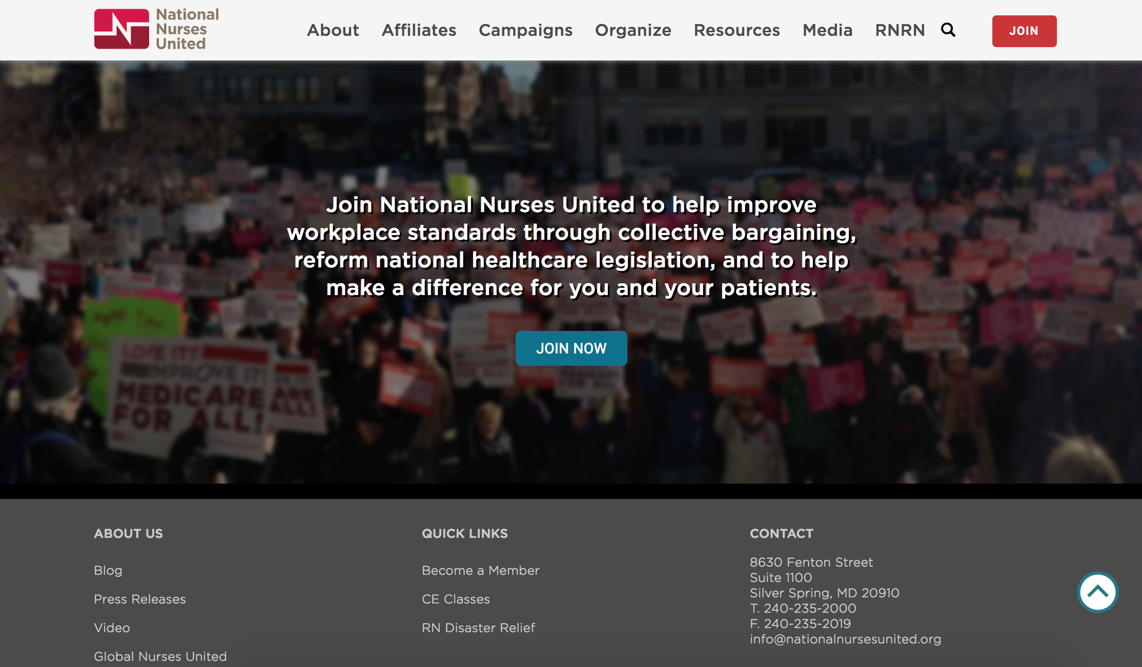 footer design of the nnu homepage with a prominent join now call to action item